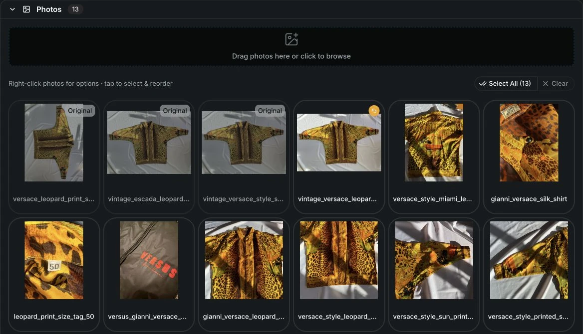 Actual letsList photo workspace for a 1993 Gianni Versace silk shirt: original images, edits, labels, and item details in one place.