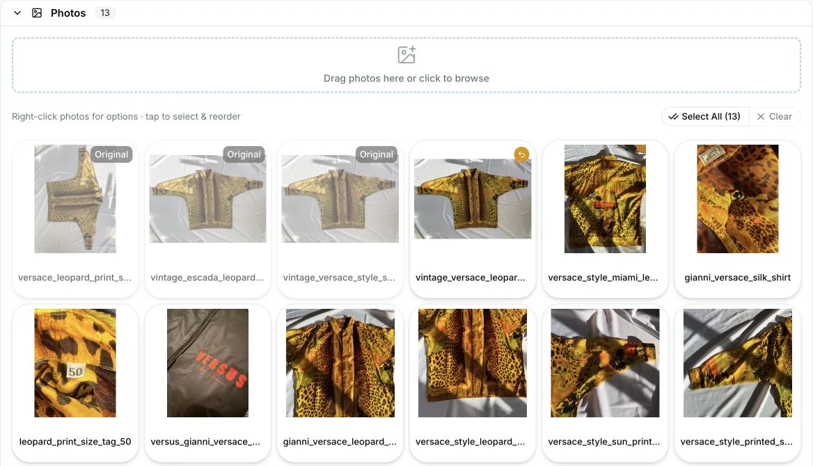 Actual letsList photo workspace for a 1993 Gianni Versace silk shirt: original images, edits, labels, and item details in one place.