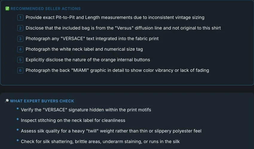 Actual research output suggesting measurements, garment-bag disclosure, label photos, and buyer checks for a vintage shirt.