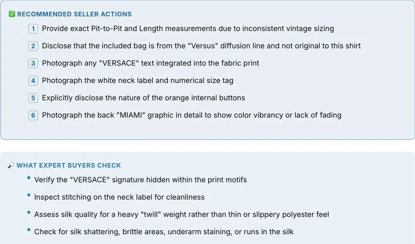 Actual research output suggesting measurements, garment-bag disclosure, label photos, and buyer checks for a vintage shirt.