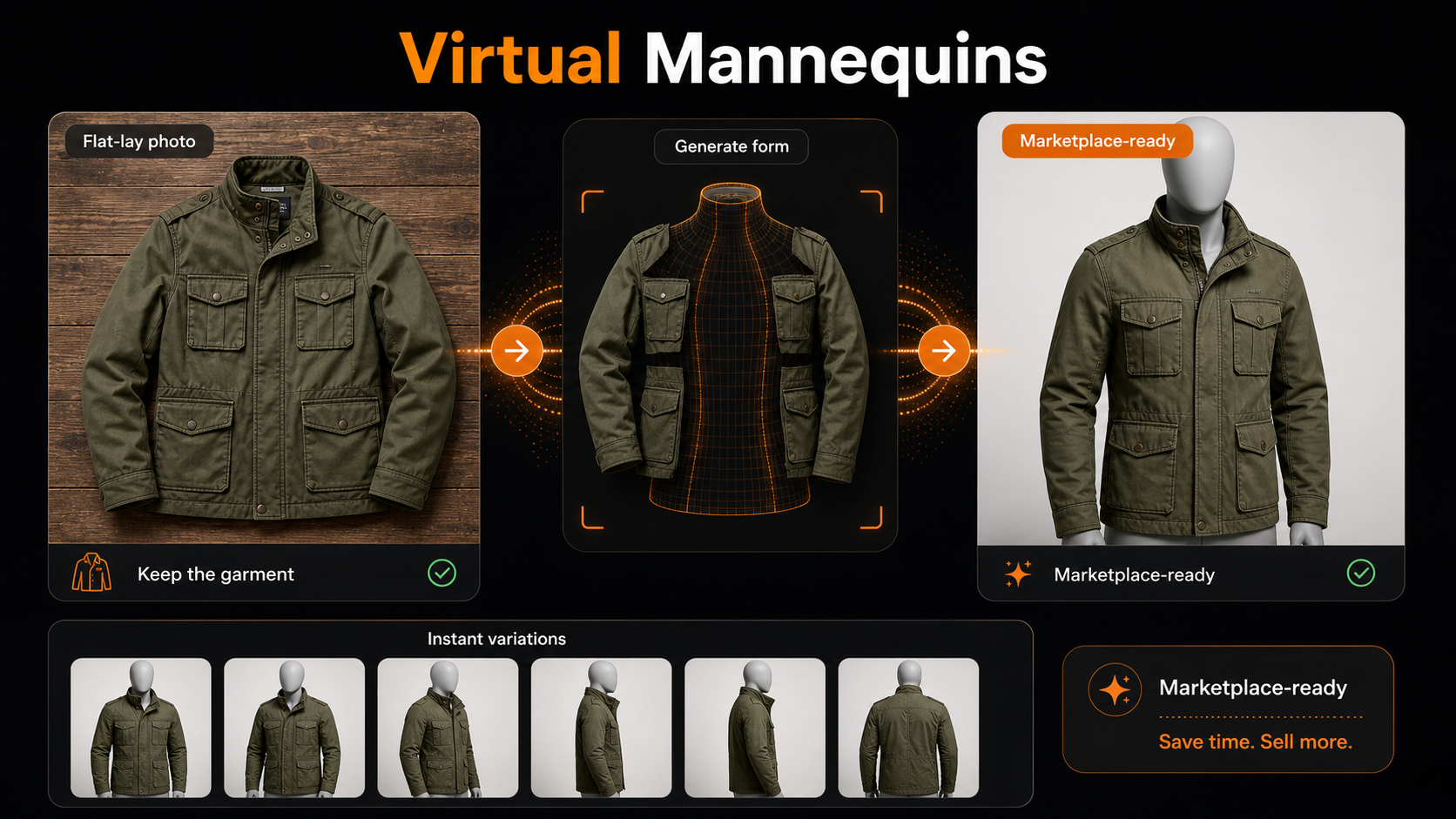 Infographic showing a flat-lay jacket transformed into a marketplace-ready virtual mannequin product image.